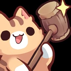 a cartoon cat holding a wooden stick with a star on it's head and smiling