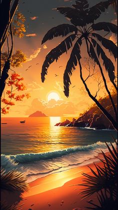 a painting of a sunset at the beach