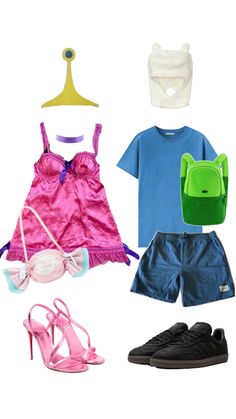 clothes and shoes are arranged in the shape of a doll's head, shirt, skirt, purse, t - shirt