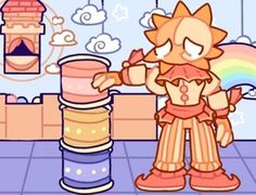 a cartoon character standing next to stacks of cups