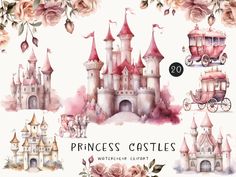 watercolor princess castle clipart set with pink roses and carriage, flowers on white background