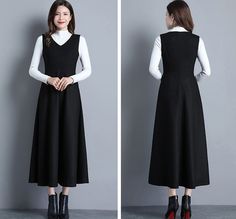 FEATURES Wool blend 25% wool, other fiber,nylon Polyester lining Back zipper closure Sleeveless Fitted dress Mid calf Perfect for winter, autumn More color SIZE Available in sizes XS-XL How to choose size ? 1.Check your body measurement with instructions https://www.etsy.com/listing/794054080 2.Get your size in Size Chart with your body measurement https://www.etsy.com/listing/794055682 3.Send me your measurement if you need help Bust Waist Hips Your over all Height Weight Bra size Normal size. V Neck Dress With Shirt Underneath, Black Sleeveless Winter Dress, Long Jumper Dress Outfit, Sleeveless Wool Dress For Fall, Sleeveless Wool Dress, Black Wool Dress For Winter, Retro Sleeveless Winter Dresses, Black Sleeveless Retro Dress, Black Wool Winter Dress