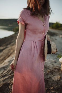 Linen Women Dress, Button Down Linen Dress, Front Button Dress, Sustainable Fashion Outfits, Casual Linen Dress, Elegant Spring Linen Dress With Button Closure, V-neck Linen Dress With Buttons, Pink Linen Knee-length Dress, Feminine Midi-length Linen Dress