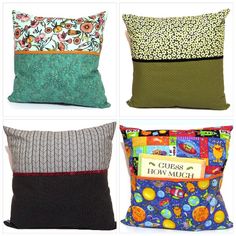 four pillows with different designs on them and one has a name tag in the middle