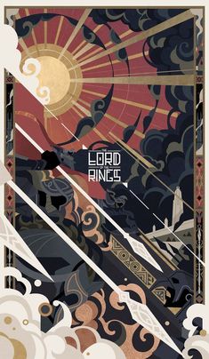 the lord rings movie poster is shown with clouds and sun in the sky above it