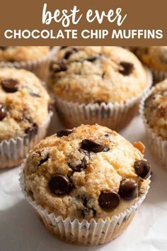 the best ever chocolate chip muffins on a white plate with text overlay