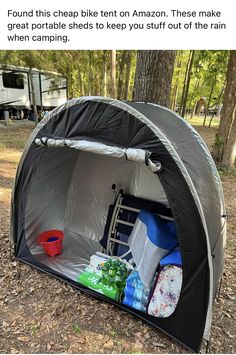 an open tent in the woods with camping supplies inside and text that reads found this cheap tent on amazon these make great portable sheds to keep