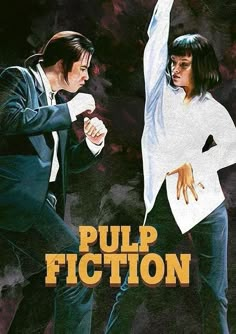 two people are dancing in front of an advertisement for pulp fiction, with the caption pulp fiction