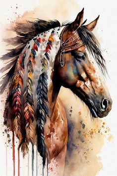 a watercolor painting of a horse with feathers on it's head and neck