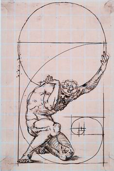 an old drawing of a man with his arm outstretched in front of a golden circle