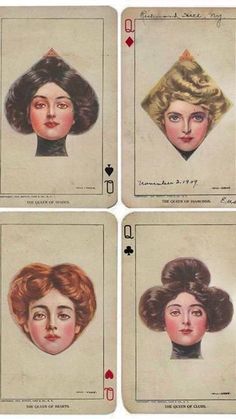 four playing cards with women's hair in different styles and colors, each showing the same woman's face