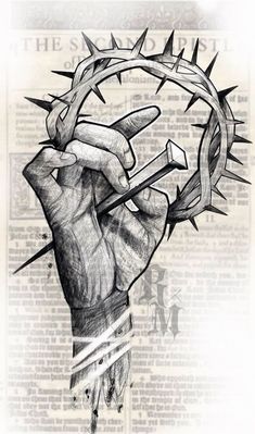 a drawing of a hand holding a crown with barbed wire on it and the words,