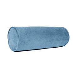 a large blue rolled up pillow on a white background with the word's logo