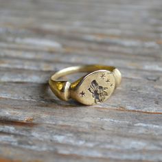 Wolf + Stars Ring Recycled Metal Jewelry, Wax Seal Ring, Stars Ring, Roman Ring, Constellation Jewelry, Stars Gold, Seal Ring, Wax Carving, Bronze Ring