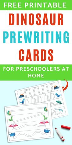 free printable dinosaur pre writing cards for preschoolers at home with the title, free printable dinosaur pre writing cards for homeschoolers at home