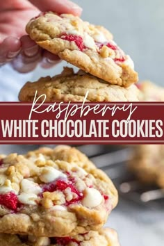 raspberry white chocolate cookies stacked on top of each other with the title overlay