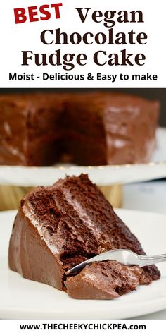 the best vegan chocolate fudge cake is on a white plate with a fork