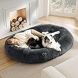 a dog laying on top of a bed next to a fire place in a living room