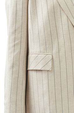 Bring polished style to your wardrobe with this striped longline blazer cut from lightweight, linen-kissed fabric. 28" length (size Small) One-button closure Notched lapels Front flap pockets Back vent Polyester lining 50% viscose, 30% linen, 20% cotton Dry clean Imported Chic Striped Summer Blazer, Pinstripe Linen Blazer With Notch Lapel, Tailored Striped Linen Blazer, Classic Striped Linen Blazer, Pinstripe Cotton Blazer For Work, Chic Spring Blazer With Vertical Stripes, Pinstripe Cotton Blazer For Workwear, Tailored Spring Blazer With Vertical Stripes, Spring Blazer With Vertical Stripes And Notch Lapel