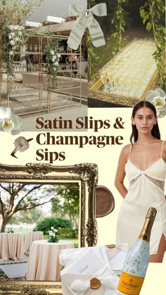 an advertisement for satin slips and champagne sips featuring a woman in a white dress