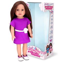 the doll is wearing a purple dress and white shoes