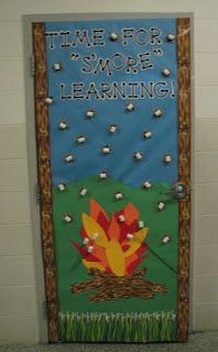 a door decorated with an image of a campfire and the words time for s'more learning