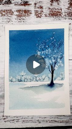 a watercolor painting of a tree in the snow with a video playing on it