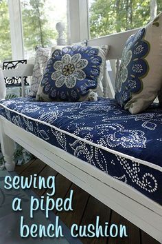 a porch bench with pillows on it and the words sewing a pipped bench cushion