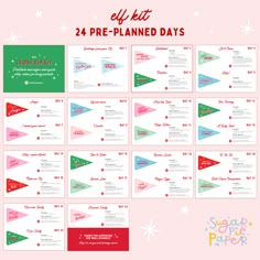 the elf kit for 24 pre - planned days is shown in red, green and blue