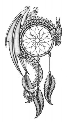 a black and white drawing of a dream catcher