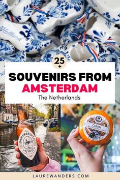 some blue and white dishes with the words 25 souvenirs from amsterdam