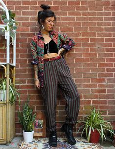 Unisex Green Striped Cotton Trousers | ADORNED Look Boho Chic, Goth Outfit, Estilo Hippy, Mode Hippie, Estilo Hippie, Mode Boho, Cotton Trousers, Moda Vintage, Hippie Outfits