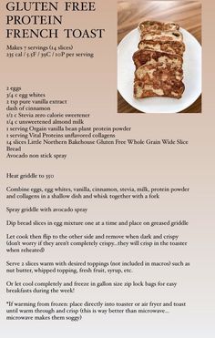 a recipe for gluten free french toast on a white plate with brown background