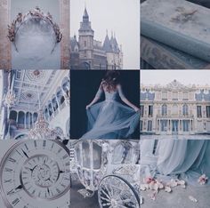 a collage of photos with an image of a woman in a blue dress and a horse drawn carriage