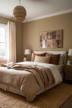 a bedroom with a large bed and two lamps on either side of the window sill