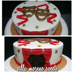 two cakes decorated with red and gold ribbons and masks on top of each cake,