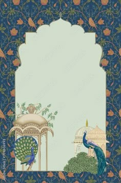 an ornate frame with peacocks and a gazebo