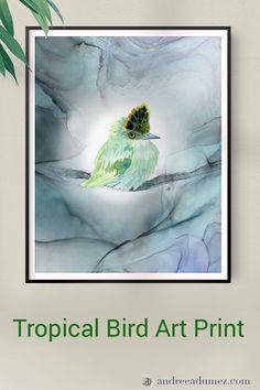 a green bird sitting on top of a white marble wall with the words tropical bird art print above it