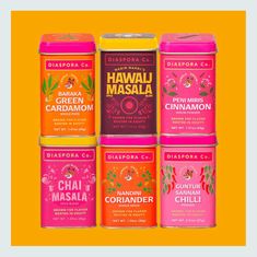 six different flavors of flavored teas on an orange and yellow background with the words,