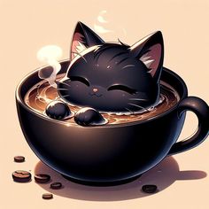 a black cat sleeping in a cup of coffee with steam coming out of its eyes