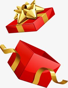 two red gift boxes with gold ribbons on them, one opened and the other closed