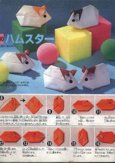 the instructions for how to make origami mouses in different colors and shapes