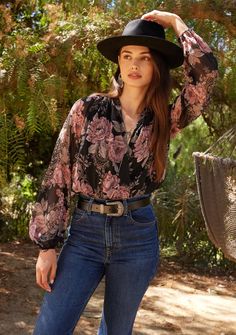 Women's Boho Black & Pink Floral Chiffon Surplice Blouse | LOVESTITCH Pink V-neck Blouse With Blouson Sleeves, Pink Blouson Sleeves V-neck Blouse, Sheer Blouse Outfit, Reuse Clothes, Badass Outfit, Bohemian Blouse, Outdoor Girls, Thrifted Outfits, Bohemian Blouses