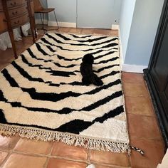 a black and white cat sitting on top of a rug