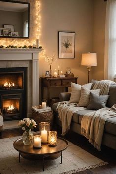 a living room filled with furniture and a fire place in front of a mirror on the wall