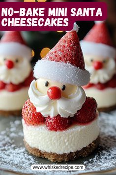 Bring some holiday cheer to your dessert table with No-Bake Mini Santa Cheesecakes! These individual cheesecakes are topped with strawberries and whipped cream to look like mini Santas. A fun and festive addition to any Christmas celebration! Holiday Mini Cheesecake Recipes, Mini Strawberry Cheesecake No Bake, Individual Trifle Desserts Cups Christmas, Mini Cheesecake Bites Christmas, Christmas Mini Dessert Ideas, Christmas Desserts Strawberry, Mini Red Velvet Cheesecakes, Christmas Cheesecake Mini, Mini Holiday Cheesecakes