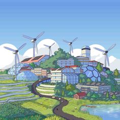 an image of a cartoon city with windmills in the sky and trees around it