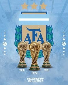 three golden soccer trophies sitting next to each other on top of a blue and white background