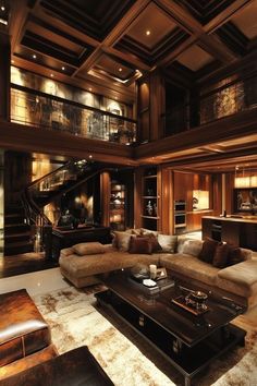 a living room filled with lots of furniture and a stair case in the centerpiece