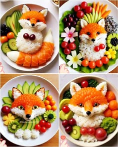 four pictures of different types of food made to look like animals and fruits in the shape of foxes